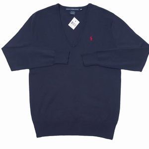 NEW Polo Ralph Lauren Womens Sweater! Navy Red Polo Player V Neck Boyfriend Fit